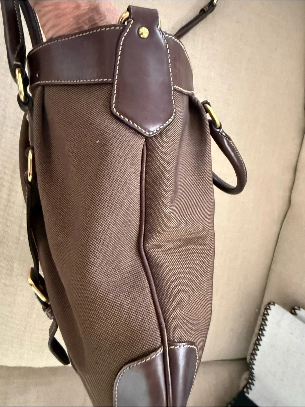 Prada Brown Canvas and Dark Brown Leather Crossbody Tote with Gold Hardware
